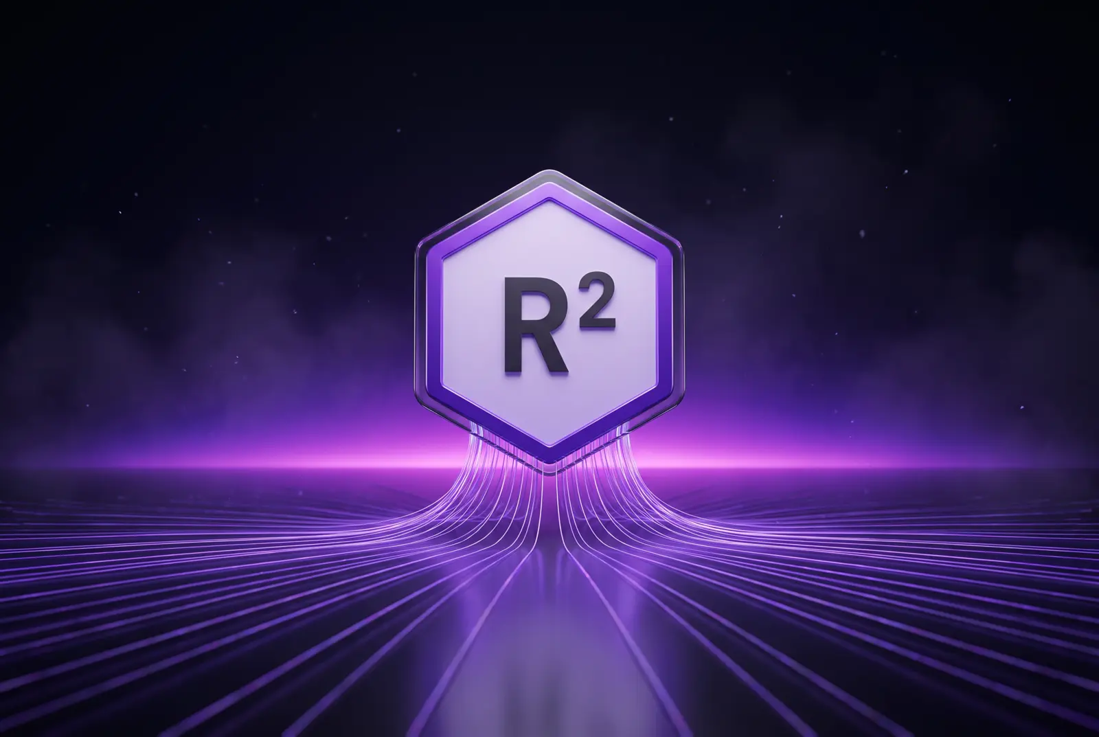 The violet hexagonal RSquared emblem hovering above a dark reflective plane with violet light streams converging into it