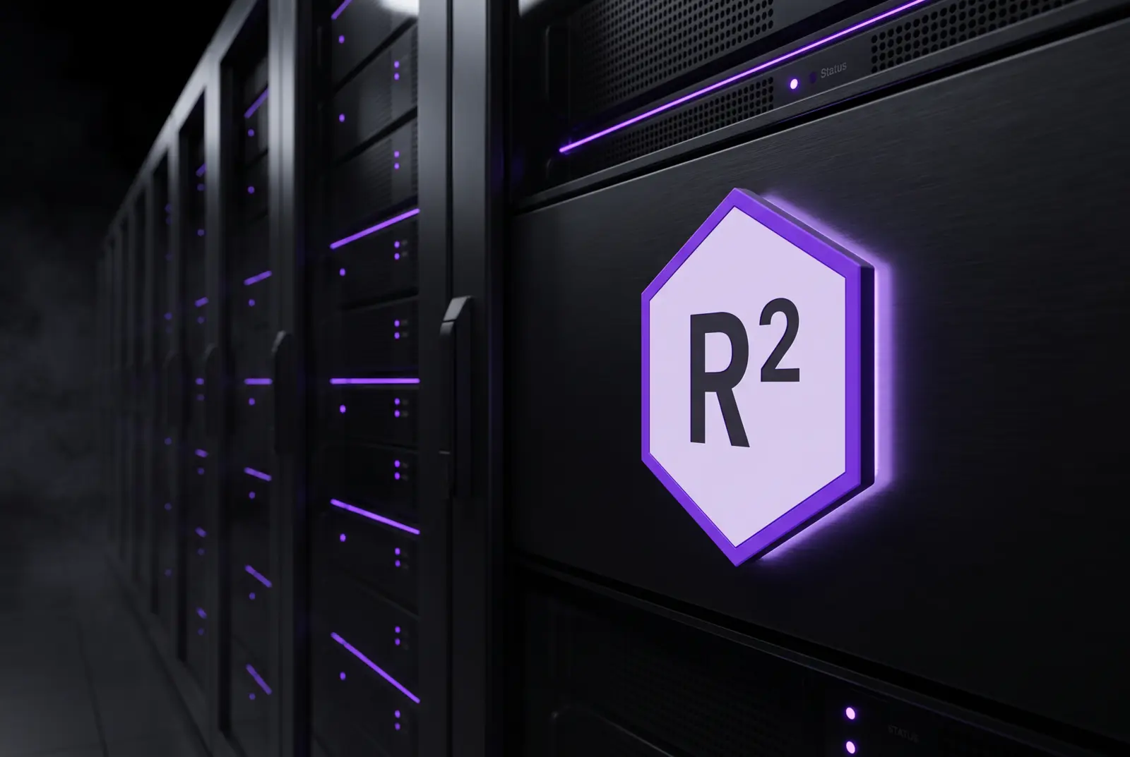 The violet hexagonal RSquared emblem mounted on a matte-black server rack in a dark data hall lit by violet status lights