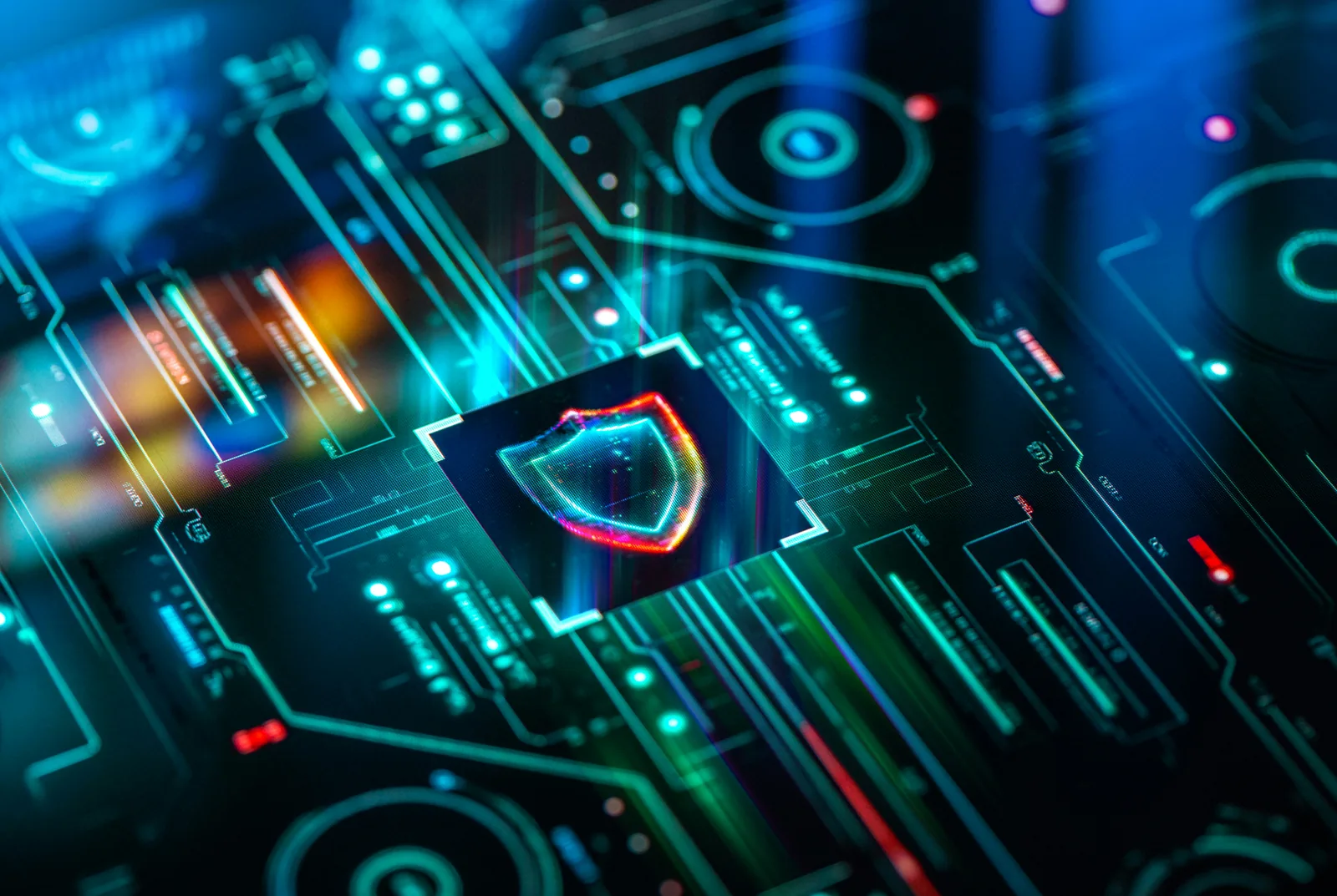 A glowing shield icon at the centre of a circuit board, representing embedded network security